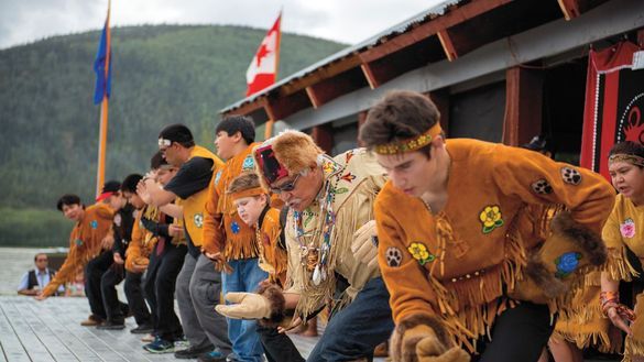 First Nation men dancers at the Moosehide Gathering, Yukon